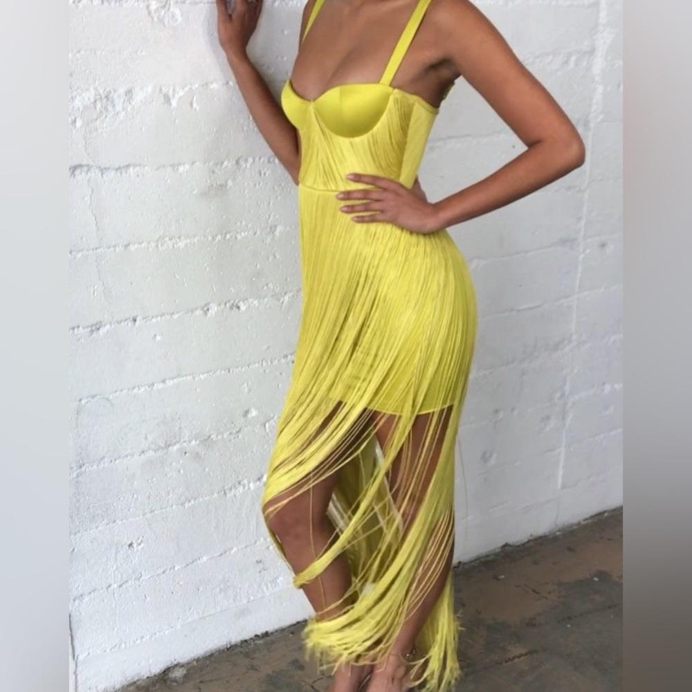 HOUSE OF CB 'Emee' Acid Yellow Satin Fringe Dress - Picture 8 of 17